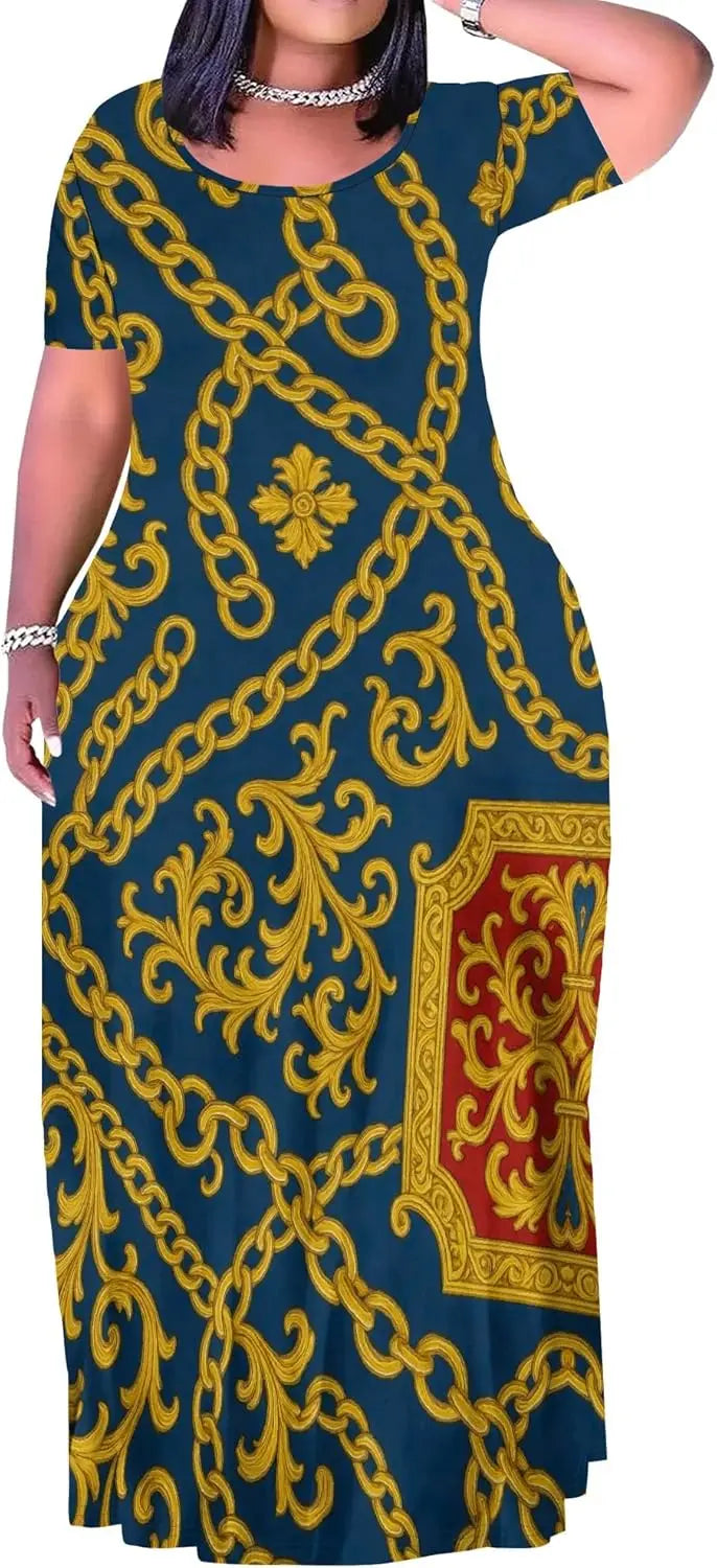 Plus Size Maxi Dress for Women Summer Casual Short Sleeve Tshirt Dresses with Pockets (XL-6XL)