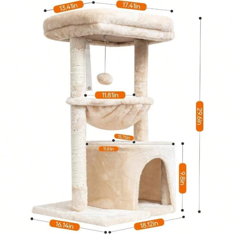 Small Cat Tree For Indoor Cats, Kittens Condo With Scratching Post And Board, Modern Activity Tower With Cradle, Beige