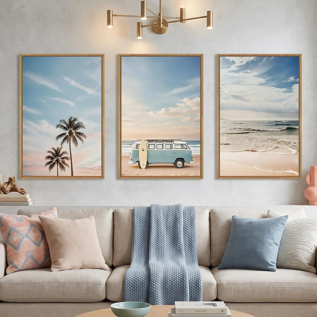 Set of 3 Framed Coastal Seaside Canvas Wall Art Prints 16 X 24 Inch Each, Blue Sky Palm Tree Surfboard Summer Van Bus Ocean Beach Artwork for Living Room Bedroom Dining Room Indoor Wall Decor