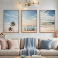 Set of 3 Framed Coastal Seaside Canvas Wall Art Prints 16 X 24 Inch Each, Blue Sky Palm Tree Surfboard Summer Van Bus Ocean Beach Artwork for Living Room Bedroom Dining Room Indoor Wall Decor