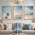 Set of 3 Framed Coastal Seaside Canvas Wall Art Prints 16 X 24 Inch Each, Blue Sky Palm Tree Surfboard Summer Van Bus Ocean Beach Artwork for Living Room Bedroom Dining Room Indoor Wall Decor
