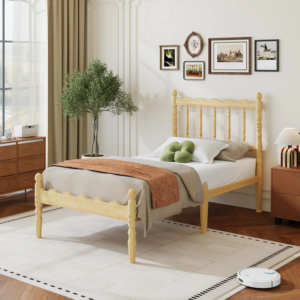 Twin XL Bamboo Platform Bed Frame With Scalloped Headboard 14 Inch Height Metal Slat Support