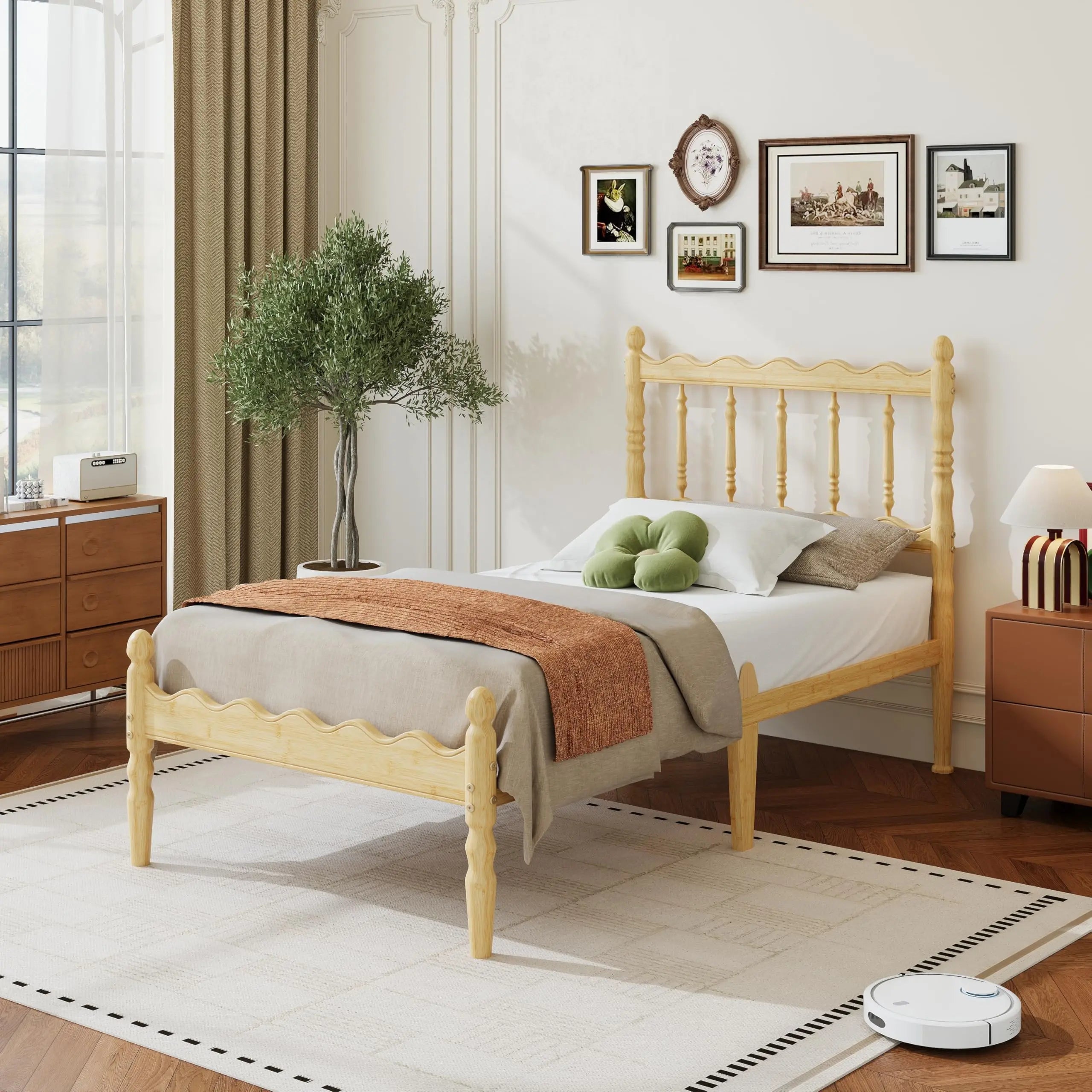 Twin XL Bamboo Platform Bed Frame With Scalloped Headboard 14 Inch Height Metal Slat Support