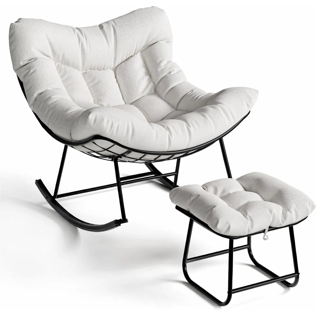 Oversized Papasan Rocking Chair With Footrest, Indoor Outdoor Egg Lounge Rocker, 350LBS Metal Frame For Patio Porch Living Room