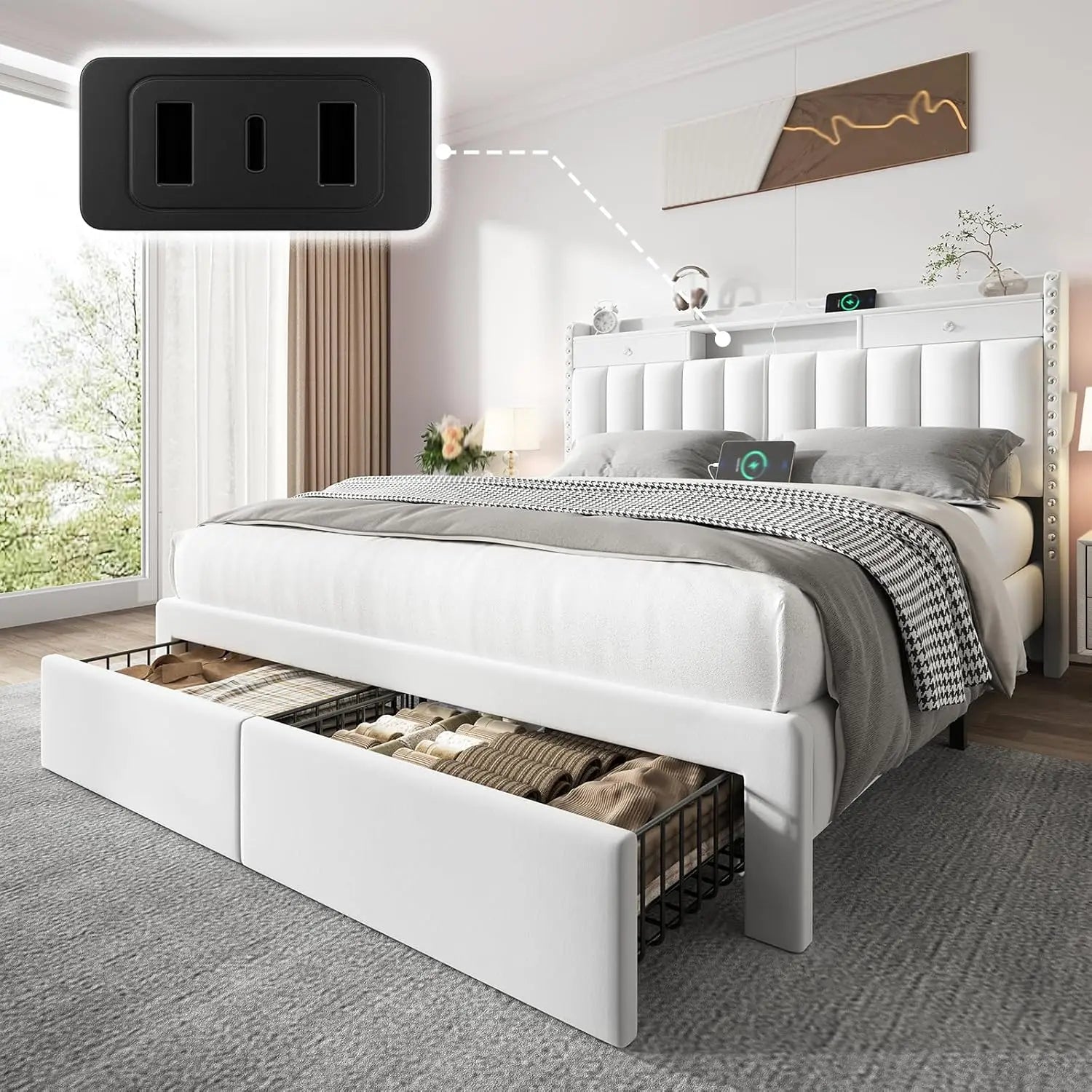 Full Upholstered Platform Bed Frame with Storage Headboard, USB & Type-C Charging Ports, 4 Drawers, Solid Wood, Customized