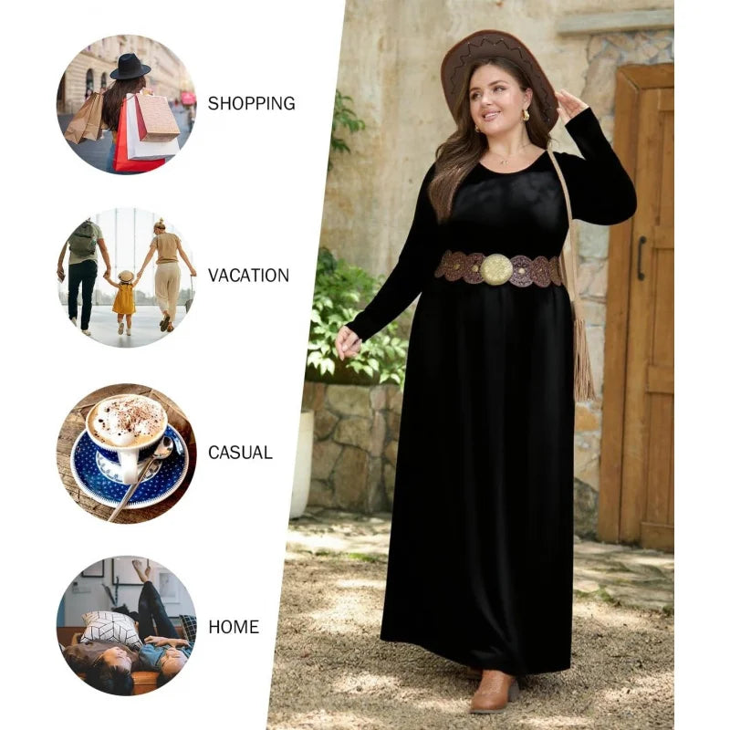 Womens Plus Size Maxi Dresses for Curvy Women Fall 2025 Casual Long Sleeve Long Dress with Pockets 1X-5X