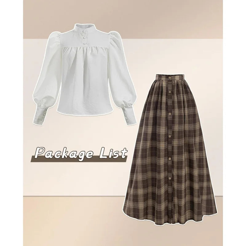 Victorian Dress for Women 2-Pieces Edwardian Dress 1800s Costume Plaid Maxi Skirt