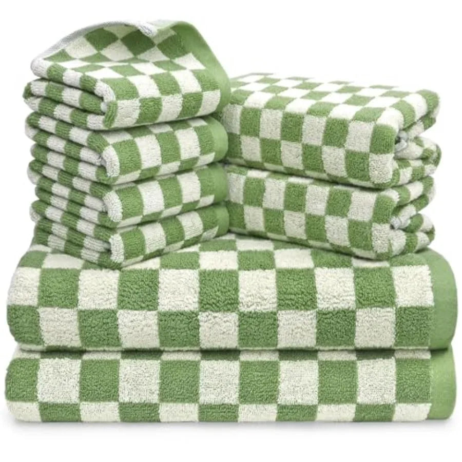 and White Towels Set of 8, Cute Checkered Towels for Bathroom Decor, 2 Bath, 2 Hand, 4 Washcloths, Cotton