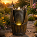Outdoor Water Fountain with Bird Waterer, Rustic Barrel Garden Fountain with LED Lights and Pump, Faux Wood Resin Water Feature for Patio Backyard Porch Yard
