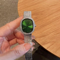Women's Affordable Luxury Oval Rhinestone Watch: Sparkling Crystal Bezel, Laser-Etched Gradient Dial, Fine Steel Mesh Strap—A Simple and Stylish Women's Watch in Red, Purple, and Green