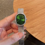 Women's Affordable Luxury Oval Rhinestone Watch: Sparkling Crystal Bezel, Laser-Etched Gradient Dial, Fine Steel Mesh Strap—A Simple and Stylish Women's Watch in Red, Purple, and Green
