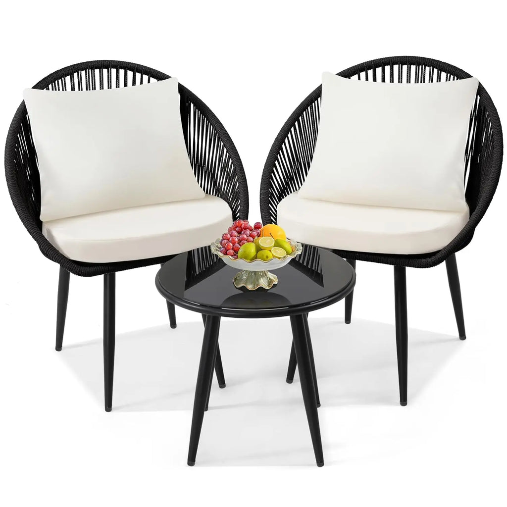 3 Pieces Bistro Set, Woven Rope Chair with Cushions, All Weather Patio Conversation Set and Side Table, Ideal for, Customized