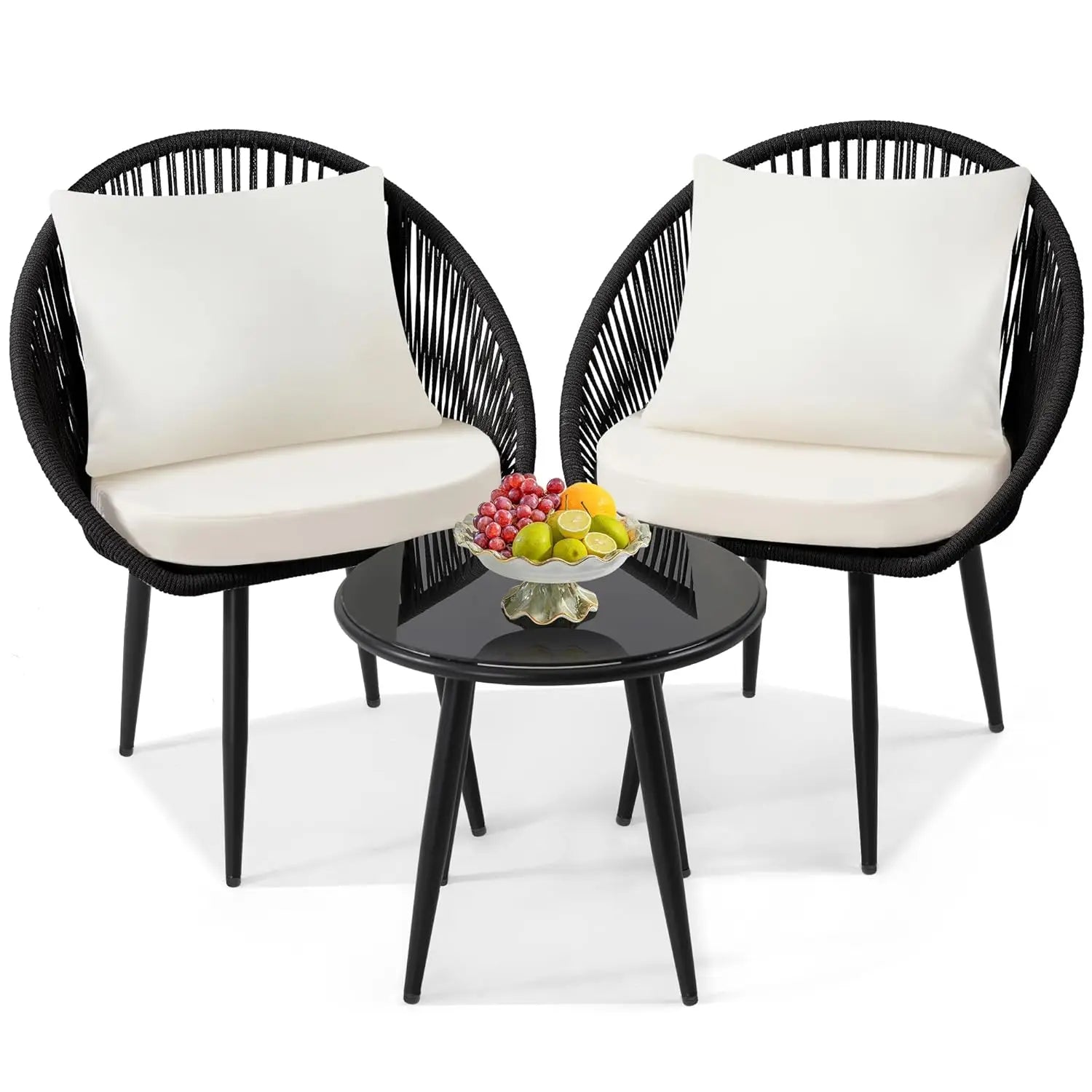 3 Pieces Bistro Set, Woven Rope Chair with Cushions, All Weather Patio Conversation Set and Side Table, Ideal for, Customized
