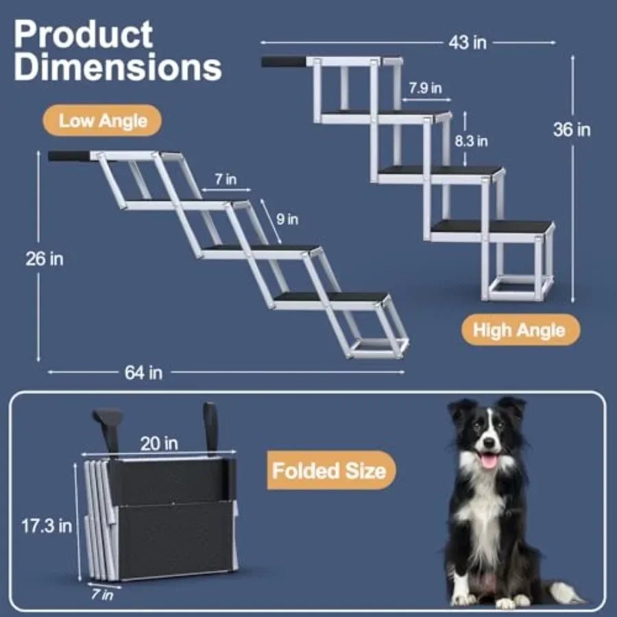 Extra Wide Dog Stairs for Large Dogs, Foldable Dog Ramp for Car with Non-Slip Surface, Dogs Stairs for Cars, High Beds, Truck,