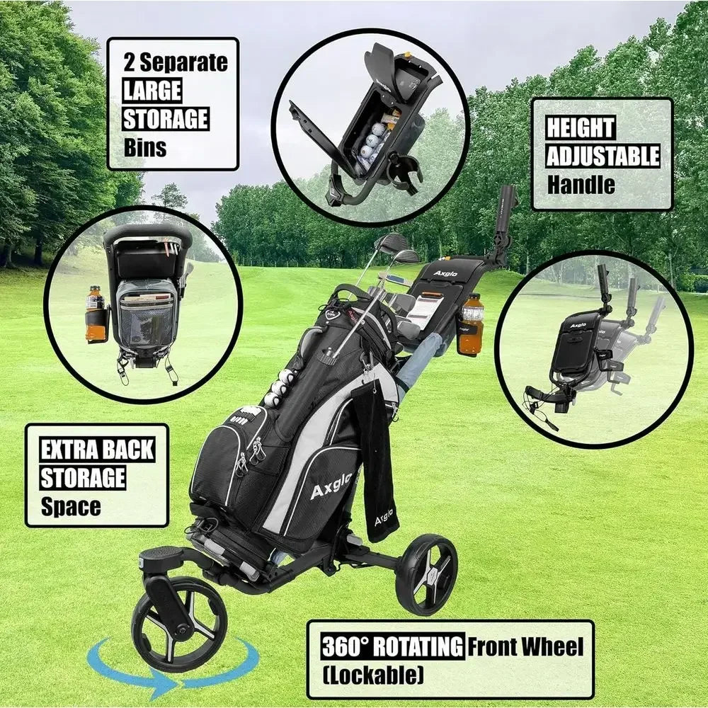 3-Wheel Golf Push Cart with 360° Swivel Front Wheel, Lightweight & Durable, Foldable for Easy Storage, Hand & Dual Brake System,