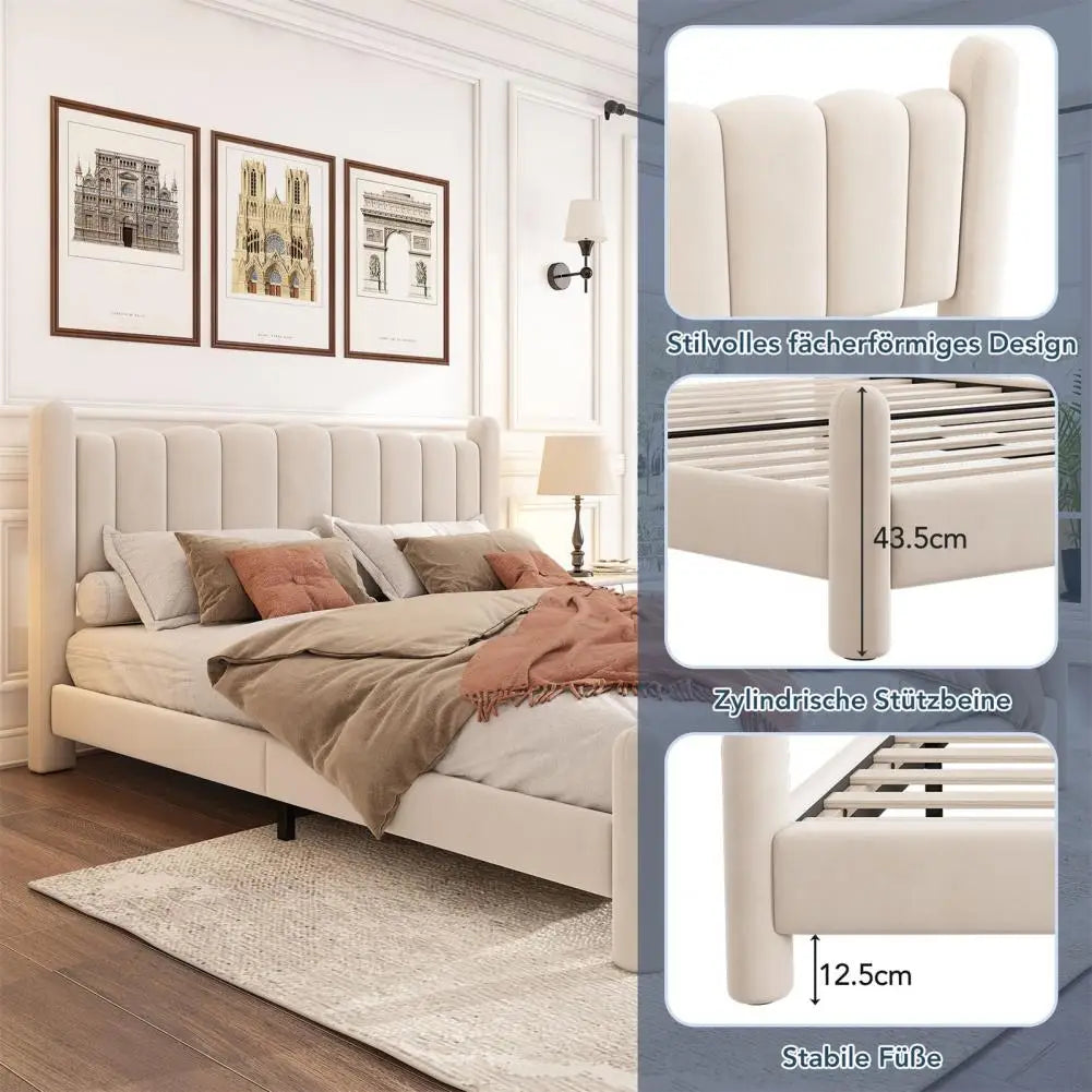 King Size Velvet Upholstered Platform Bed with Tall Headboard Slatted Frame Wingback Design Beige 180x200cm