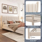 King Size Velvet Upholstered Platform Bed with Tall Headboard Slatted Frame Wingback Design Beige 180x200cm