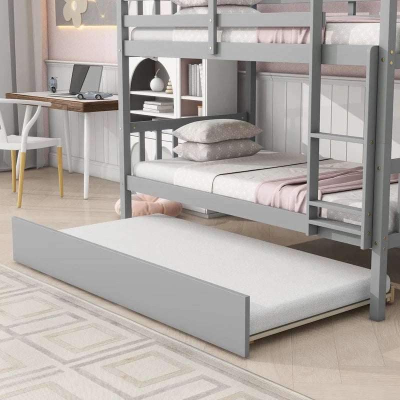 Grey Twin Over Twin Bunk Bed with Trundle, Convertible to Two Twin Beds, Includes Ladder and Guardrails