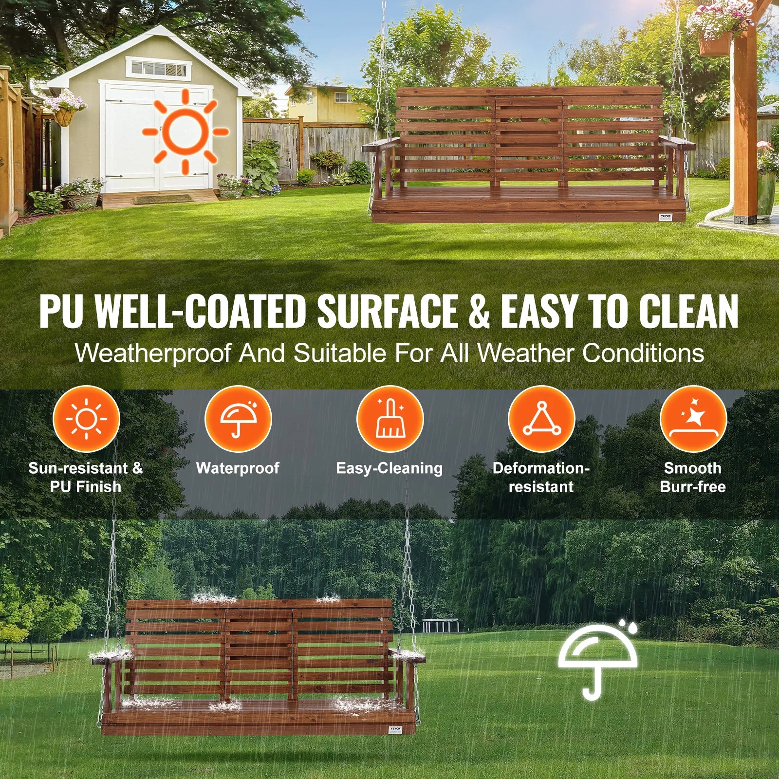 SucceBuy Wooden Porch Swing 5 ft Patio bench swing for Courtyard Garden Upgraded 880 lbs Strong Load Capacity Swing Chair Bench