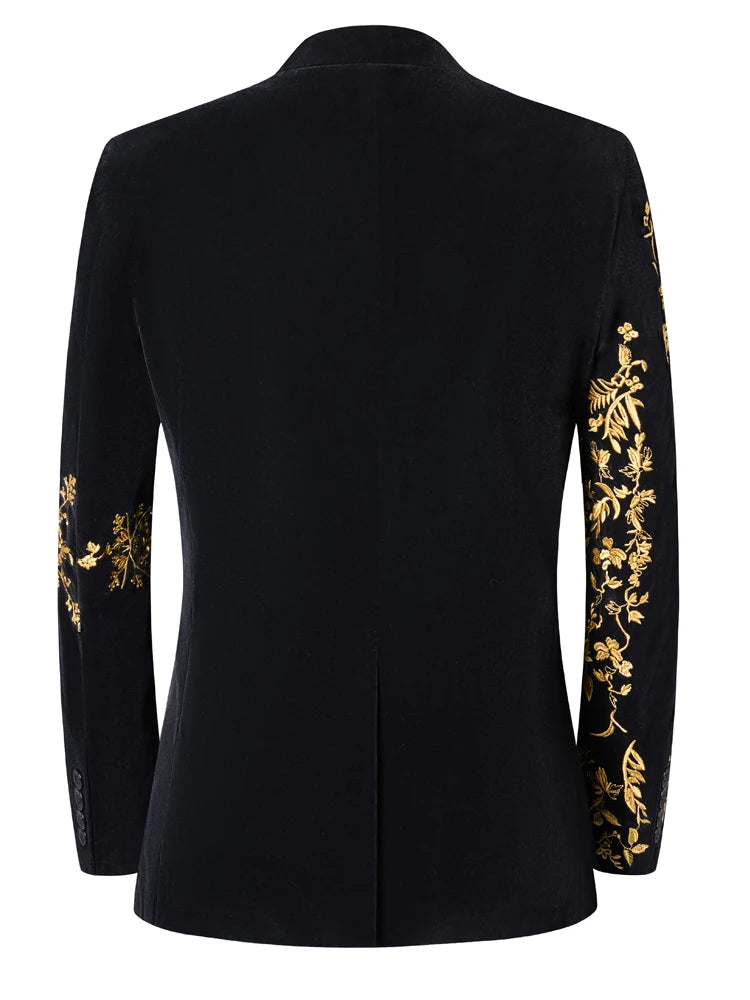 Men's Black Velvet Blazer with Gold Floral Embroidery, Slim Fit Suit Jacket for Wedding, Party, Banquet, Prom
