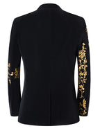Men's Black Velvet Blazer with Gold Floral Embroidery, Slim Fit Suit Jacket for Wedding, Party, Banquet, Prom