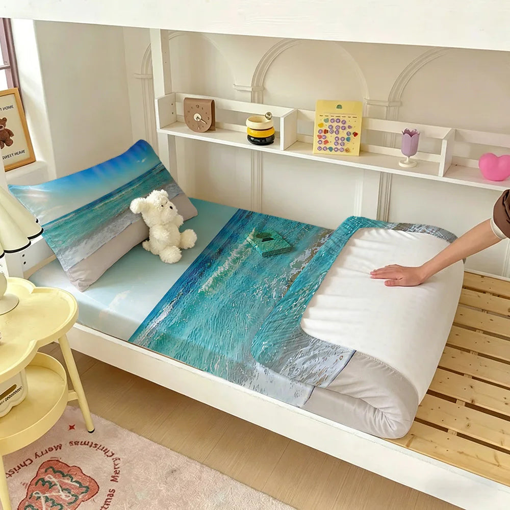 3pcs blue ocean Printed Coreless Bed Sheet Summer Set Multi Size Comfortable Bedding Decoration Machine Washable