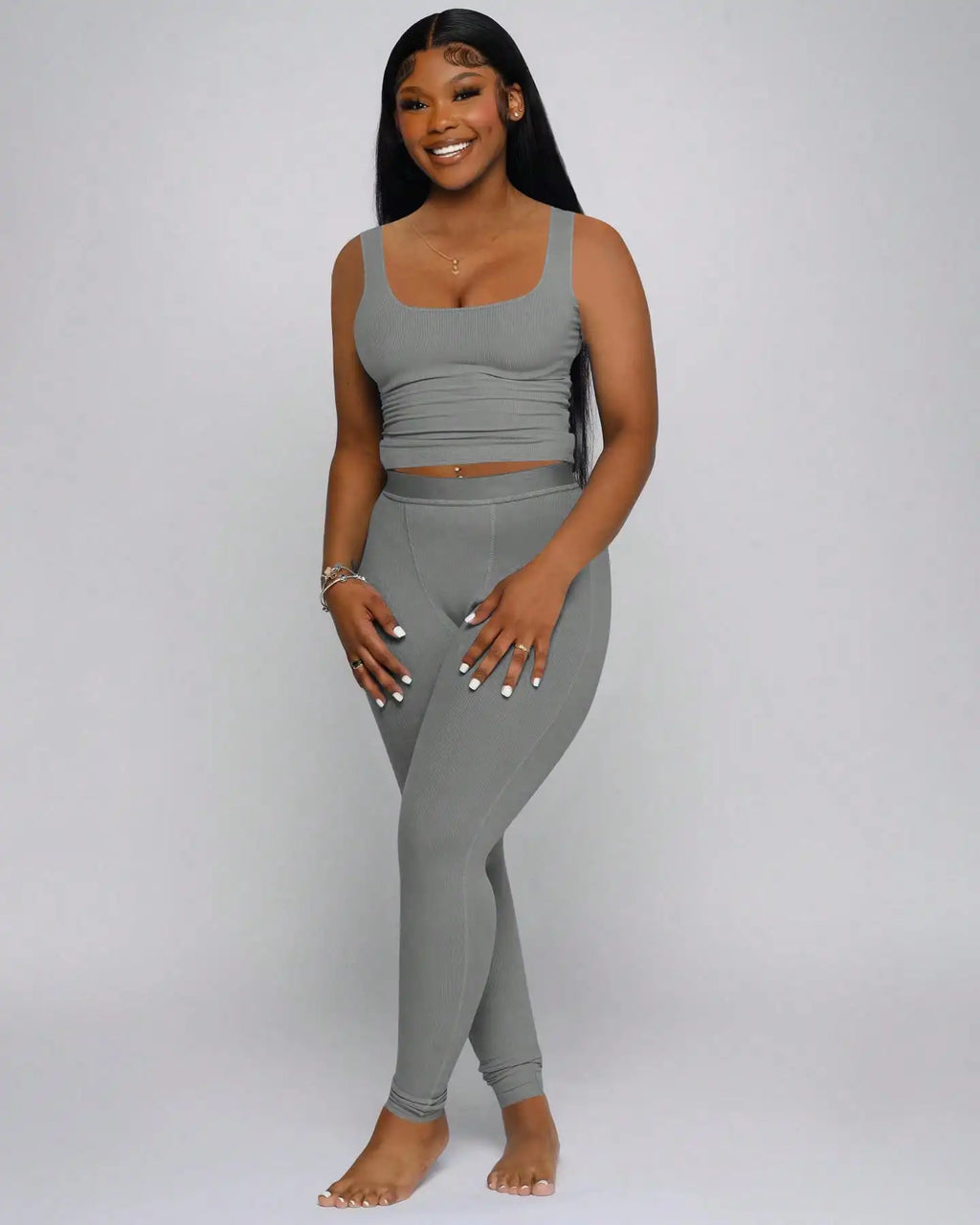 Women 2-Piece Activewear Set, ribbed crop tank top matched with high waist yoga leggings. Stretchy and skin-friendly fabric, snug fit, perfect for workout, yoga, gym training and daily casual leisure wear all day round