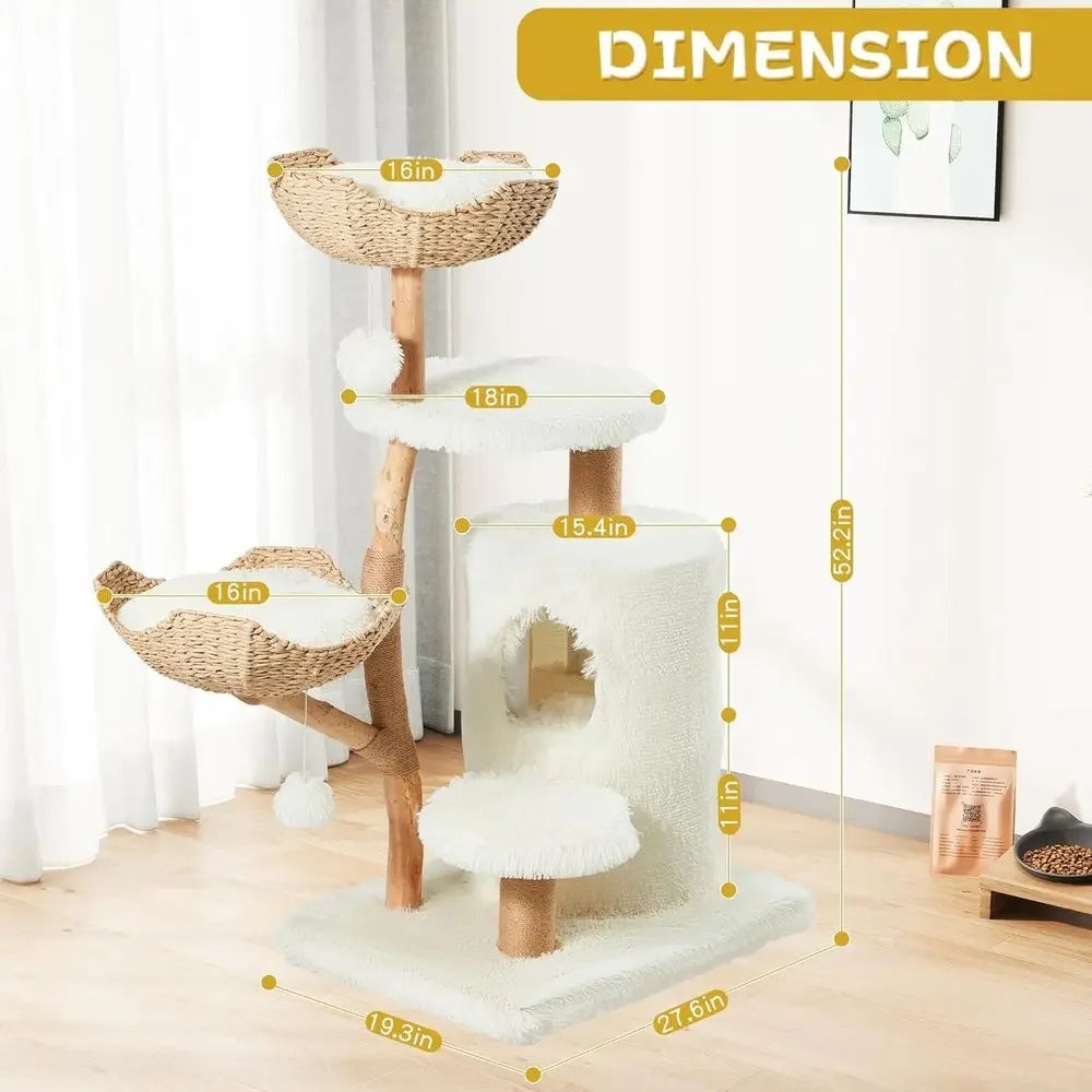 54 Natural Wood Cat Tree with Woven Basket Beds and Scratching Post, Bohemian Style Cat Tower, White