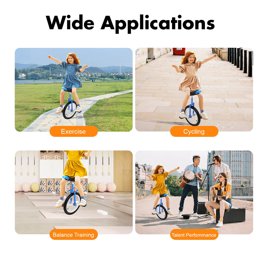 16 Inch Unicycle Outdoor One Wheel Bike Height Adjustable 28-32in 110lbs Capacity Manganese Steel for Balance Training Fitness