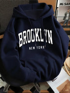 Men Vintage Print Casual Hoodie, Polyester Knit Sweatshirt With Front Kangaroo Pocket