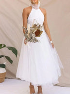 Women Backless Long Tulle Dress Adjustable Halter Neck High Waist Solid Party Wedding Dress