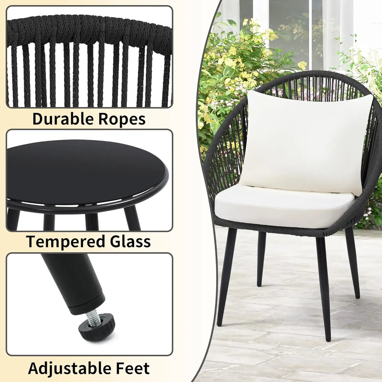 3 Pieces Bistro Set, Woven Rope Chair with Cushions, All Weather Patio Conversation Set and Side Table, Ideal for, Customized