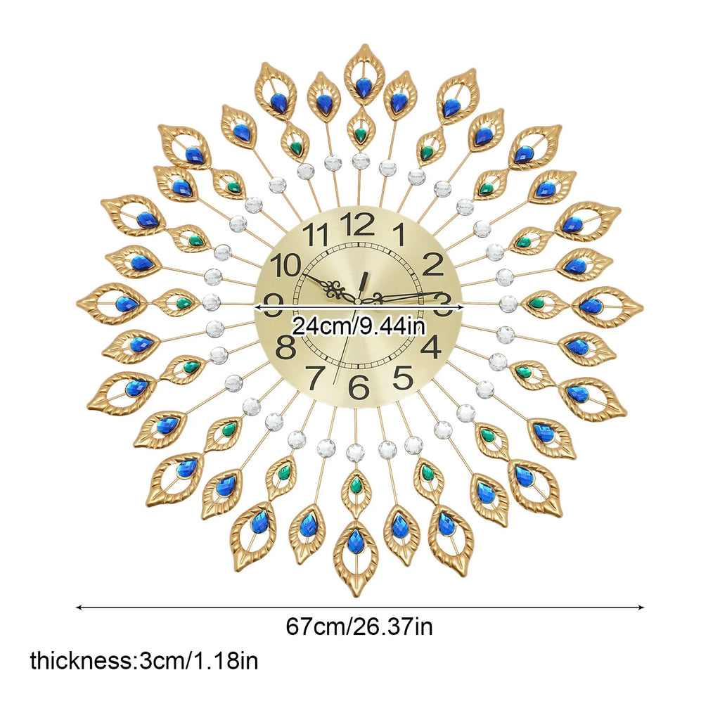 Wall Clock, 26.4" Peacock Wall Clock, Wall Mounted Decorative Clocks Gold, Modern 3D Clocks , Large Round Metal Silent Non-Ticking, for Living Room Decor