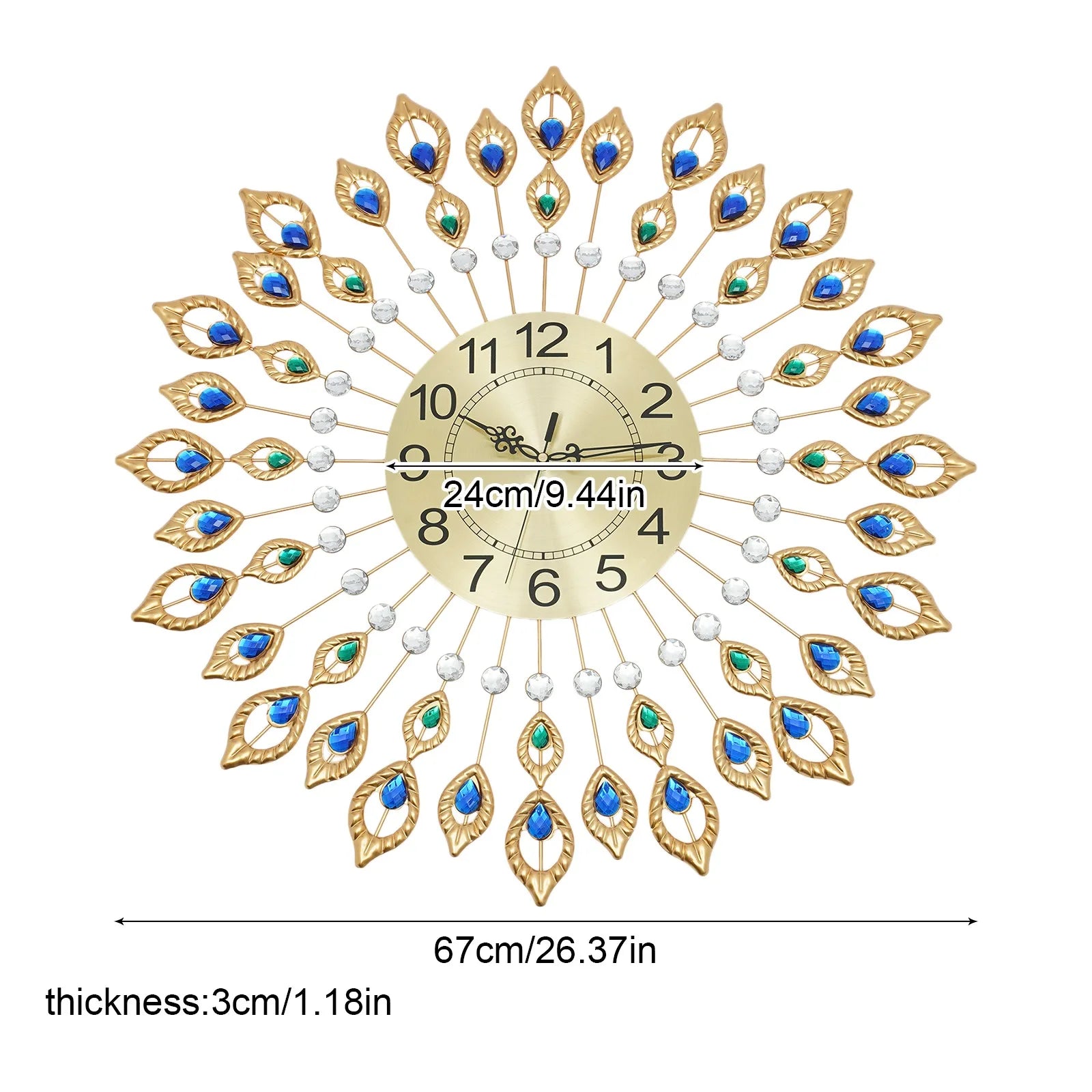 Wall Clock, 26.4" Peacock Wall Clock, Wall Mounted Decorative Clocks Gold, Modern 3D Clocks , Large Round Metal Silent Non-Ticking, for Living Room Decor