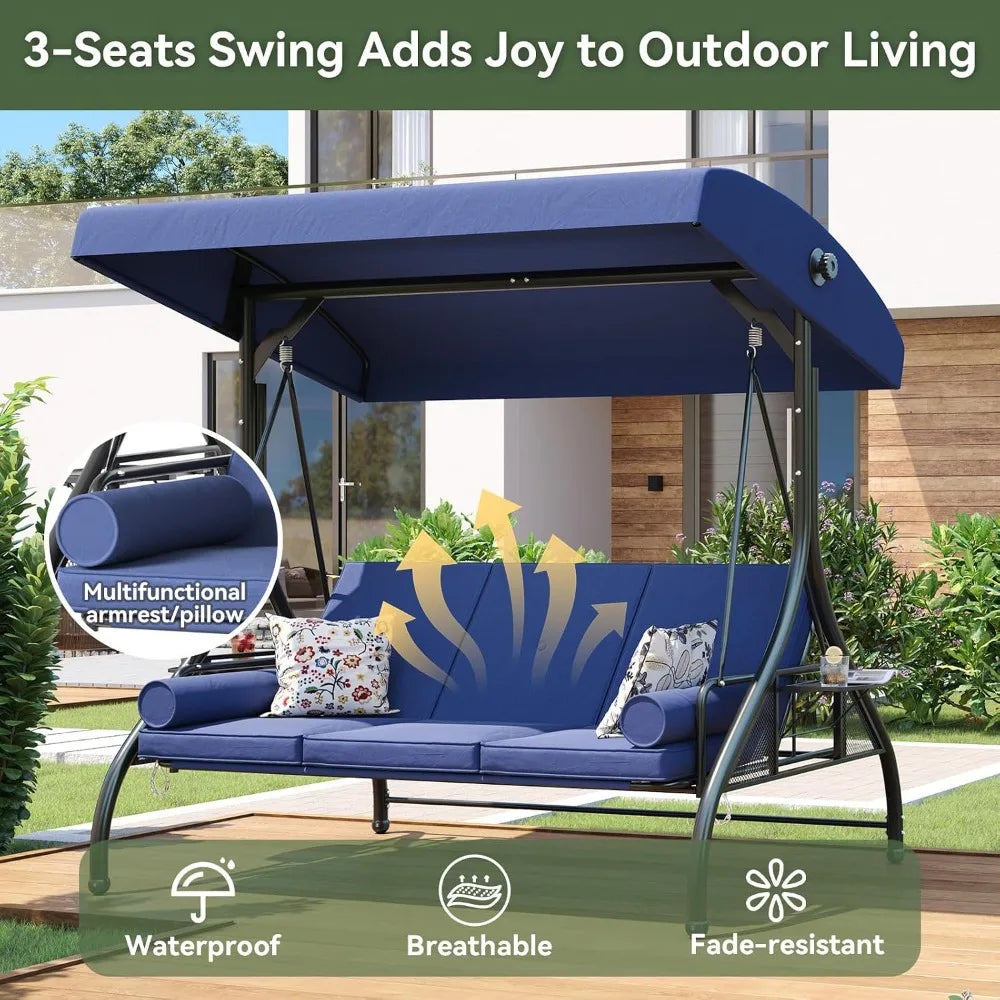 3-Seat Convertible Swing Bed with Cushions, Suitable for Outdoor Spaces, Blue