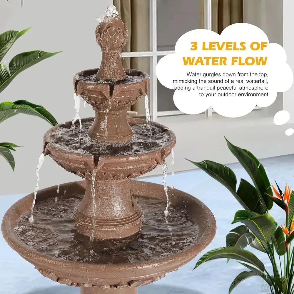3-Tier Outdoor Waterfall Fountain with Pump and Leaf Carving for Garden, Patio, or Backyard (Brown)