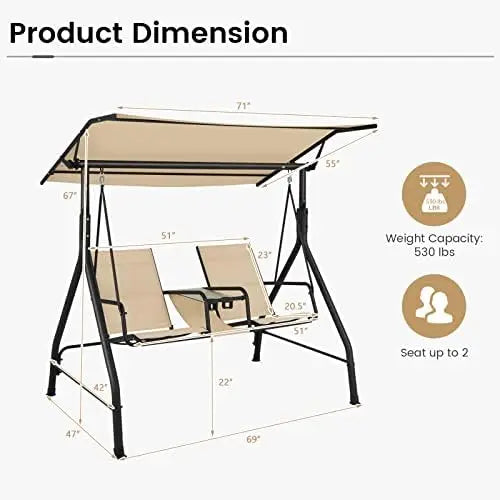 2 Person Porch Swing, Outdoor Swing with Tempered Glass Table, 2 Cup Holder, Patio Swing with Adjustable Canopy for