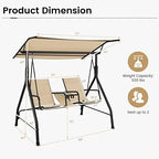 2 Person Porch Swing, Outdoor Swing with Tempered Glass Table, 2 Cup Holder, Patio Swing with Adjustable Canopy for