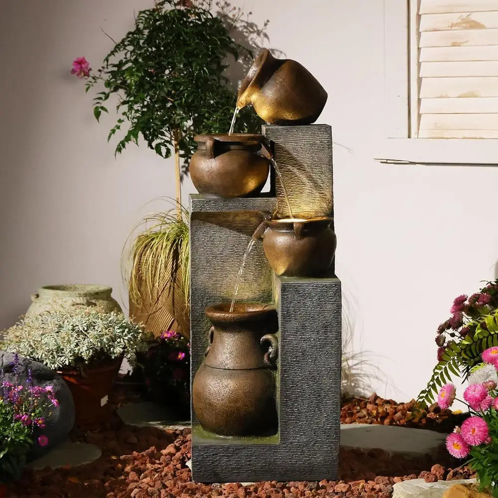 4-Tier Cascading Bowl Outdoor Water Fountain with Lights for Garden, Patio, Backyard, and Home Decor