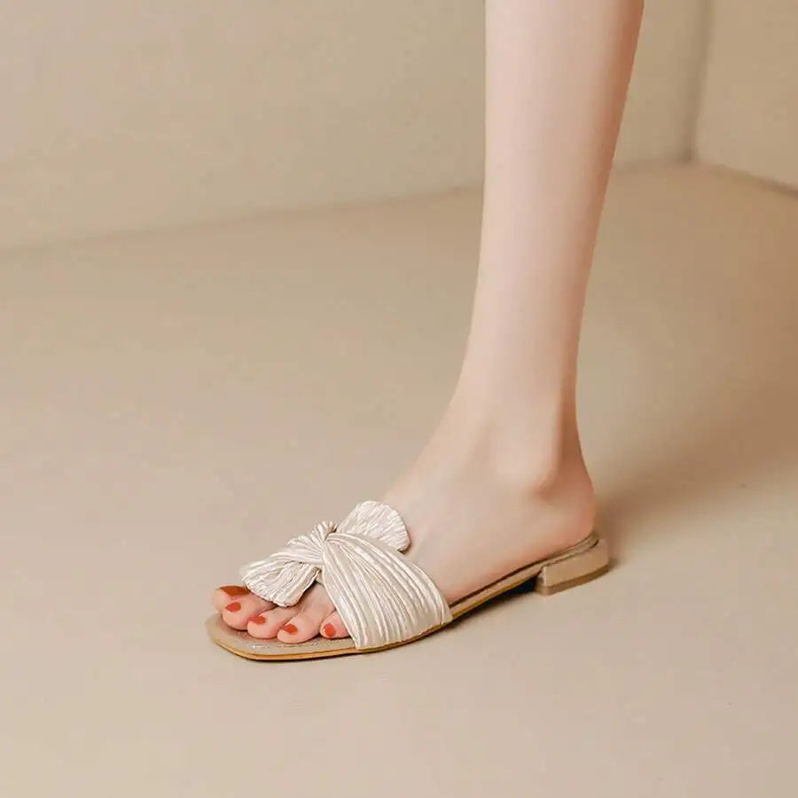 Elegant Pleated Bow Knot Flat Slides Women Square Toe Slip On Sandals For Party Wedding