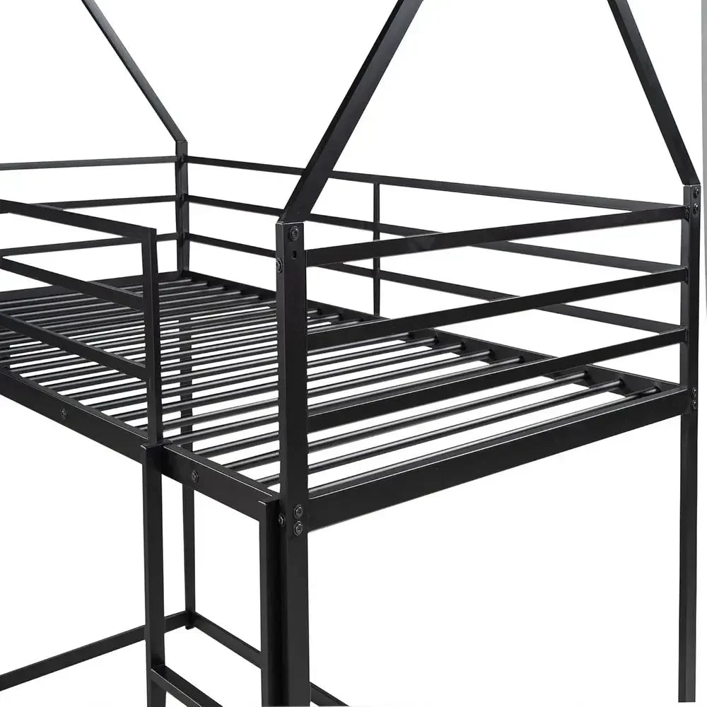 Twin Over Twin Bunk Bed with Slide and Ladder, Metal Frame for Kids, Black