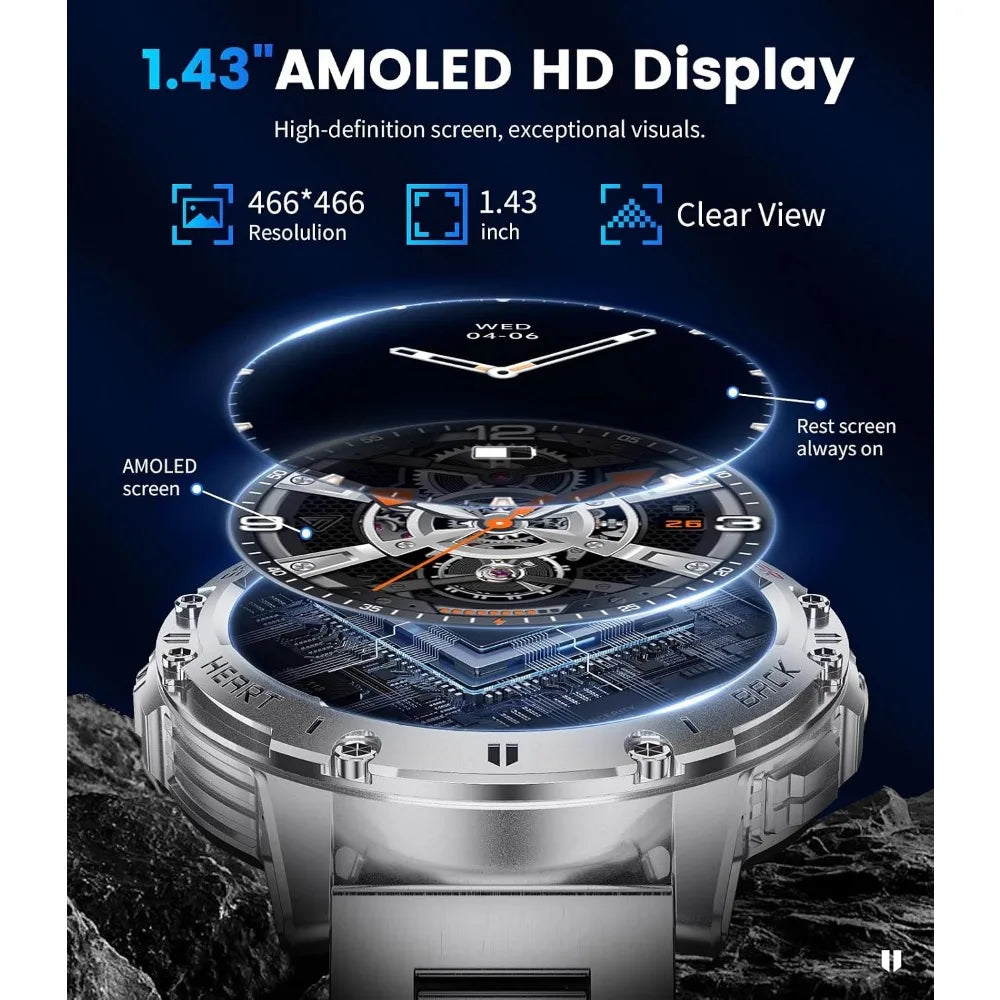 Military Smart Watches for Men: 600mAh Battery, 1.43" AMOLED Screen, Heart Rate Monitor, 110+ Sports Modes