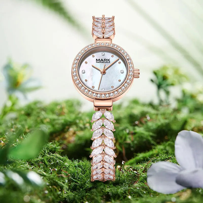 Mark Fairwhale Casual Small Pearl tone Dial Women's watch Waterproof  Fish tail bracelet Full Diamond Watches for Women