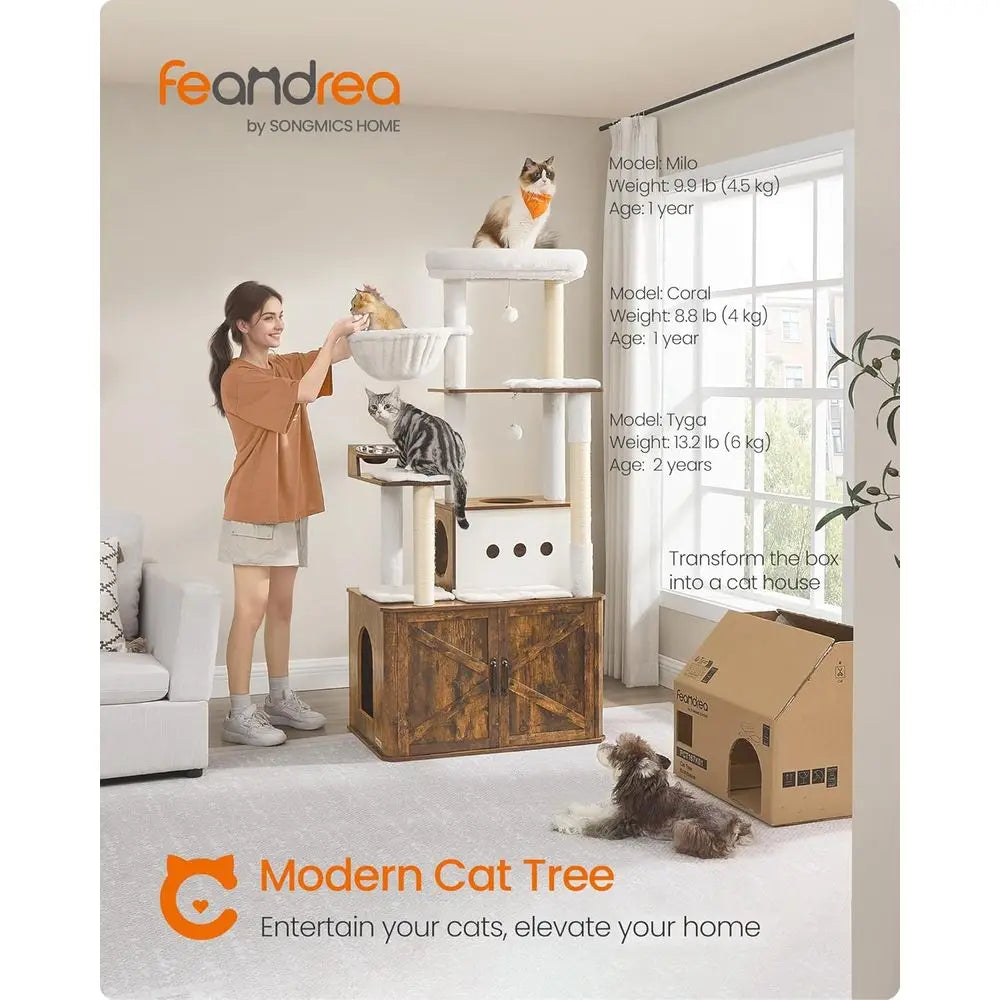 66.9-Inch Large Cat Tower with Litter Box Enclosure, Condo, Food Station, Storage, Scratching Posts, Cave, Hammock, Washable Cus