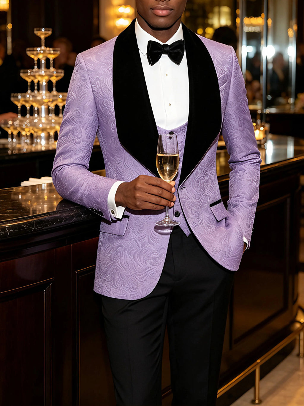 Men Light Blue Jacquard Tuxedo 3 Piece Suit Shawl Black Lapel Slim Fit Blazer Vest Pants Set Wedding Groom Prom Dinner Party Formal Mens Suit