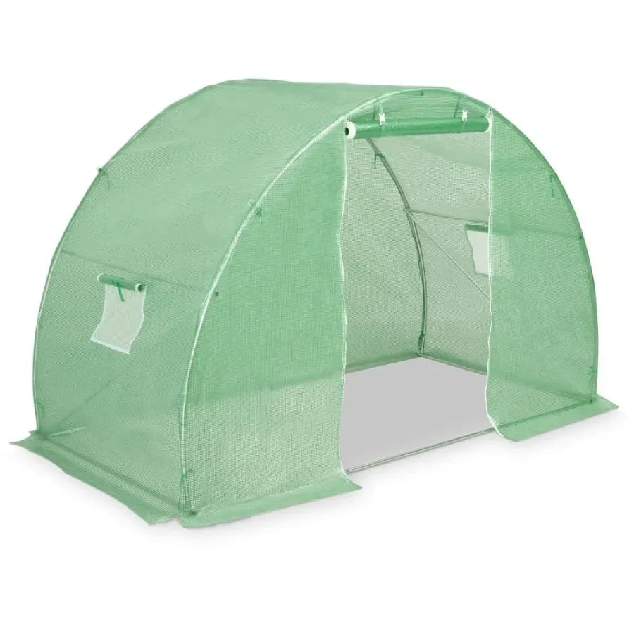 Greenhouse application, PE mesh fabric in green color with galvanized steel frame, 48.4 sq ft coverage, UV-resistant and durabl