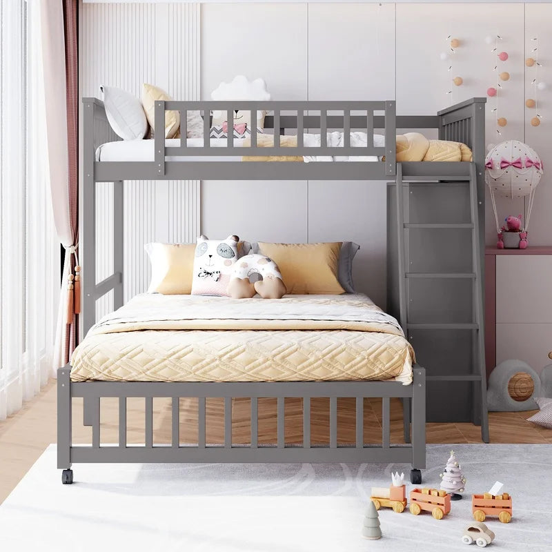 Gray Wooden Twin Over Full Bunk Bed with 6 Drawers and Adjustable Shelves, Bottom Bed on Wheels