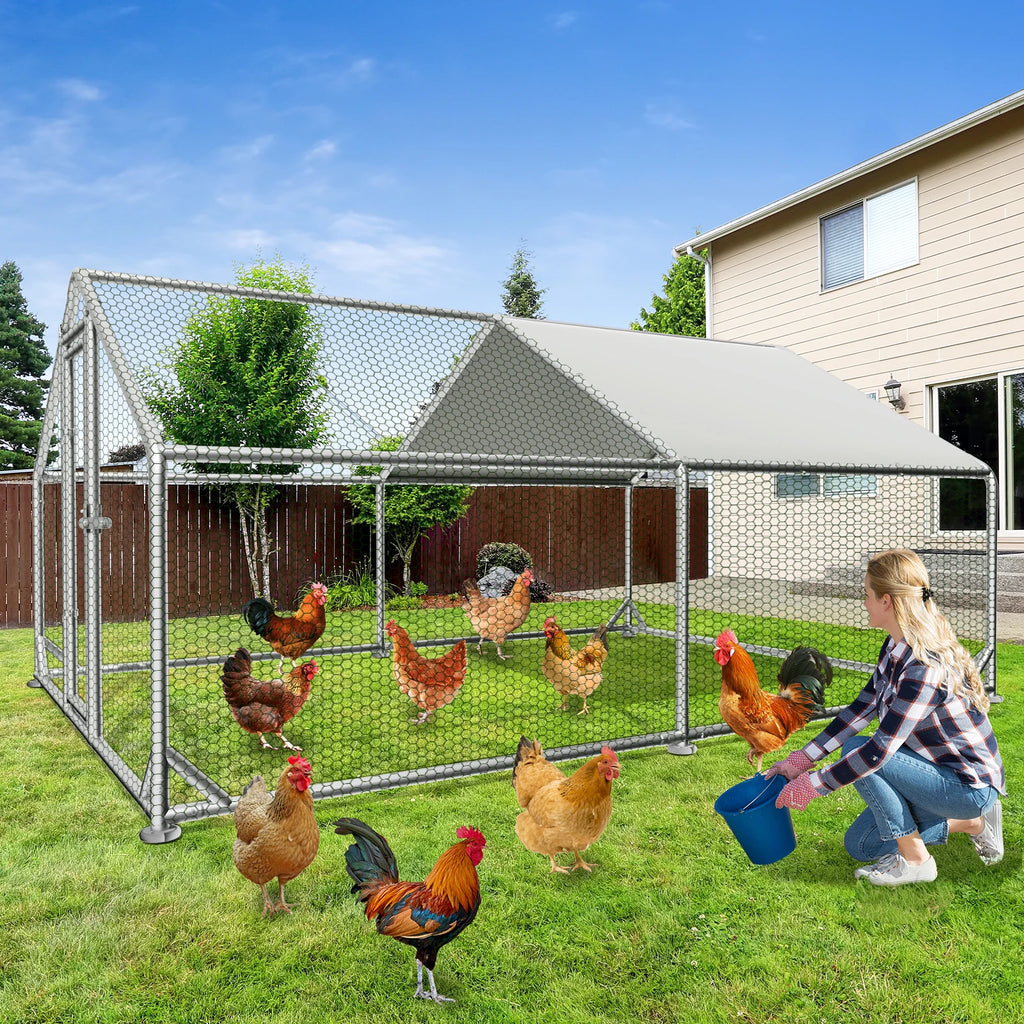 Large Metal Chicken Coop Upgrade with Tri - Supporting Structure and Hexagonal Wire Mesh, Chicken Pen with Waterproof and Anti - UV Cover, Walk - in Chicken Coop, Outdoor Duck and Rabbit House (13’ L x 10’ W x 6.5’ H)