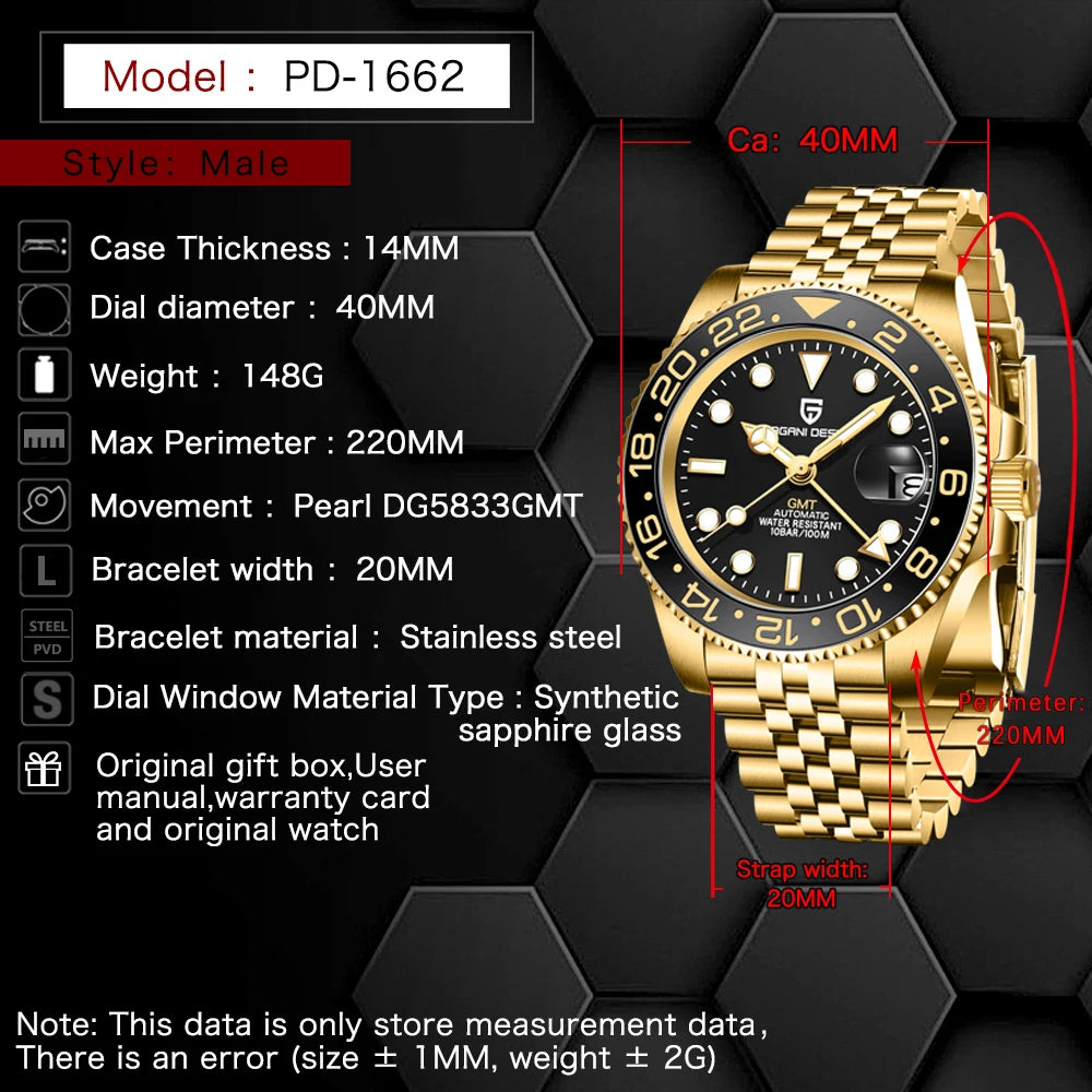 2026 PAGANI DESIGN New PD-1662 V5 Men Mechanical Watches Luxury Ceramic Bezel Automatic Watch 100M Waterproof GMT Watch for Men