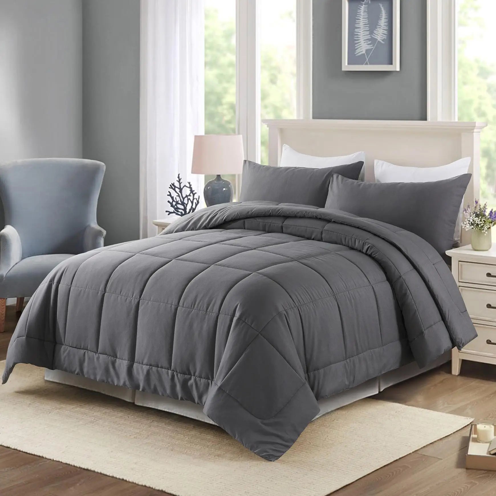 All Season Lightweight Comforter Set 3Pcs Soft Quilted Bedding Sets Box-Stitch Bed in a Bag Include 1 Comforter 2 Pillowcases Breathable Home Bedroom Textile Decor